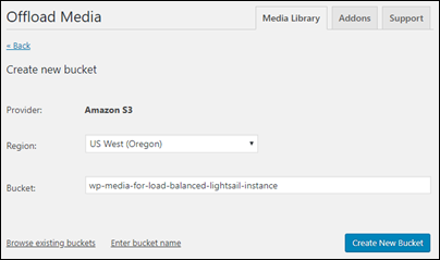 WP Offload Media プラグインを使用して、新しい Amazon S3 バケットを設定します。