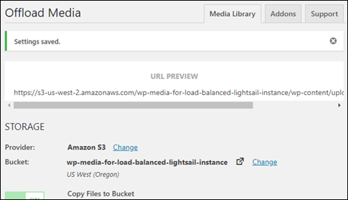 WP Offload Media プラグイン設定。