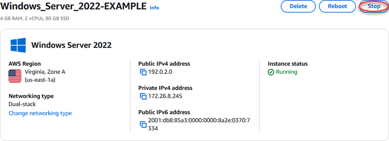スナップショットを作成する前に Windows Server インスタンスを停止する。