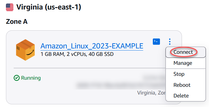 アクションメニューを使用してブラウザベースの SSH クライアントを開く。