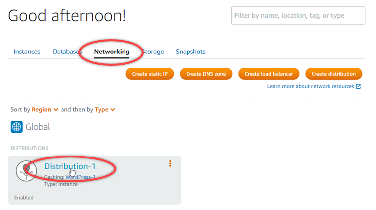 Lightsail ホームページの [ネットワーク] セクション