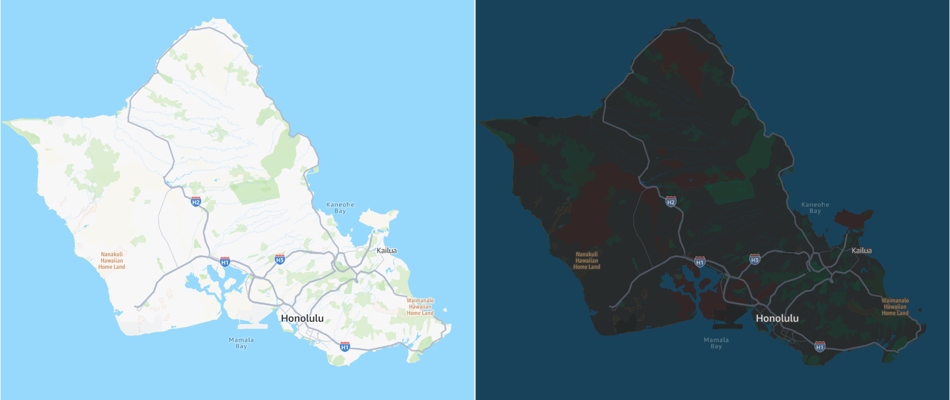 Map of Oahu island showing major highways, Honolulu, and surrounding areas in day and night views.