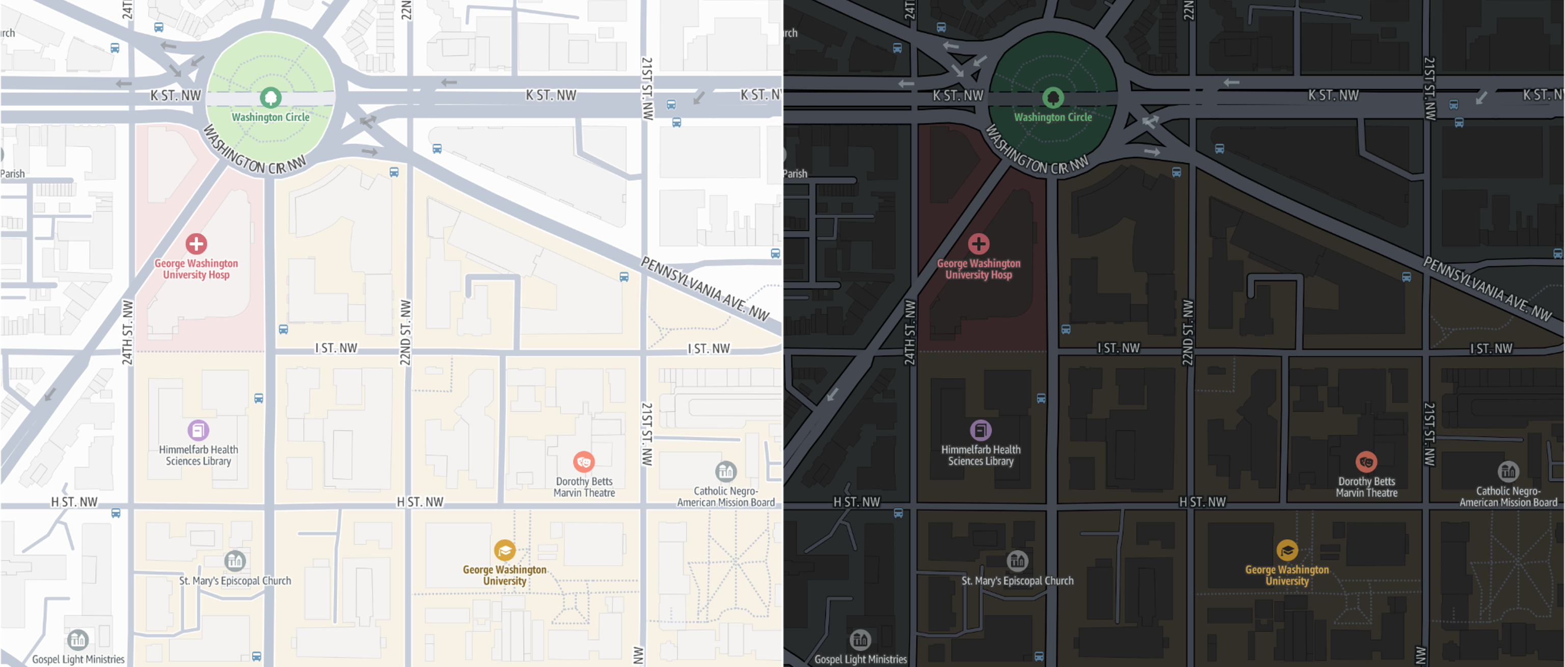 Map of Washington Circle area showing streets, landmarks, and points of interest in light and dark modes.