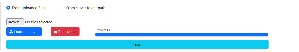 File upload interface with Browse, Load on server, and Remove all buttons, and a progress bar.