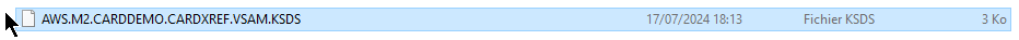 File name AWS.M2.CARDDEMO.CARDXREF.VSAM.KSDS with details on size and type.