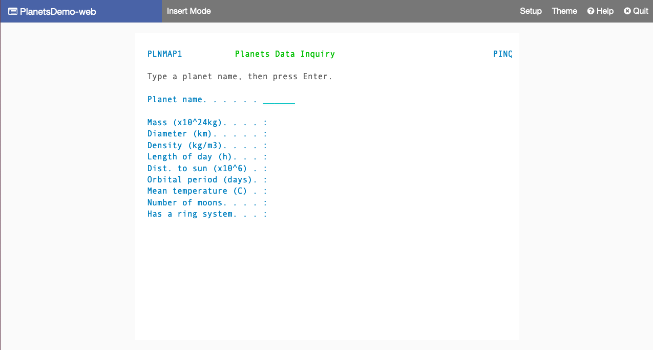 PlanetsDemo アプリケーション画面が挿入モードになっています。