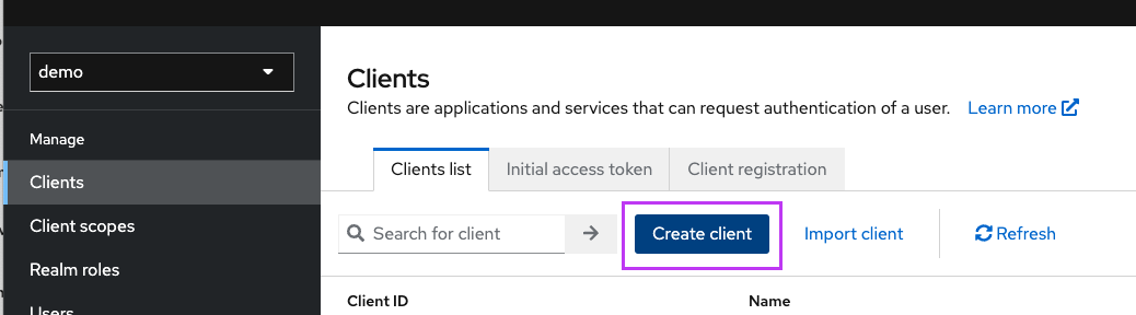 User interface for creating a new client in an authentication management system.