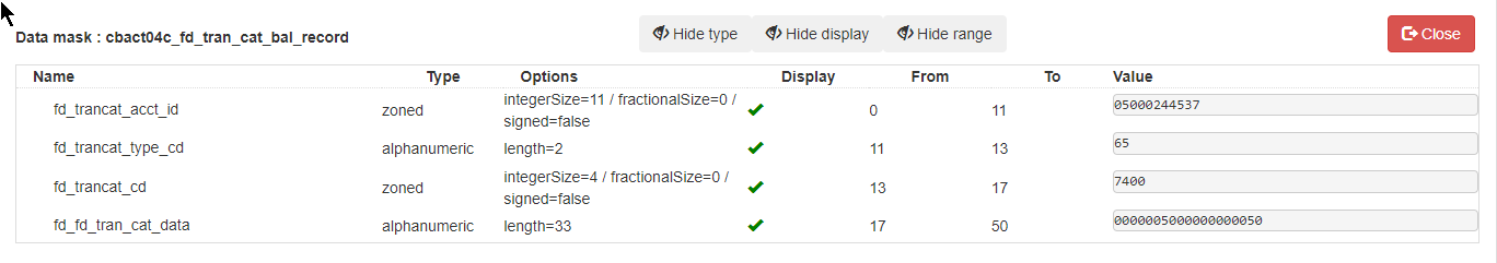 Data mask table showing fields for a transaction record with name, type, options, and value columns.
