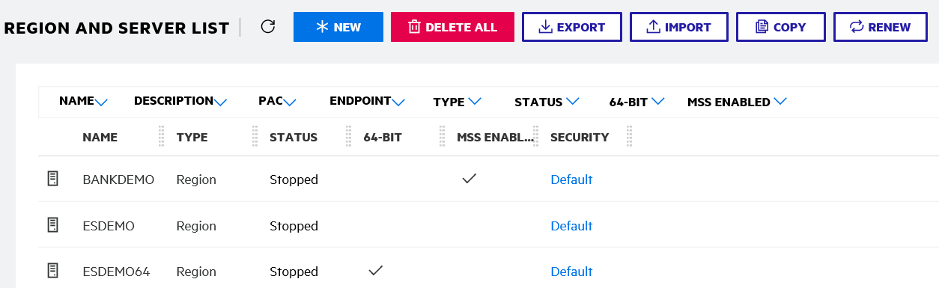 BankDemo が追加されたリージョンとサーバーリスト。