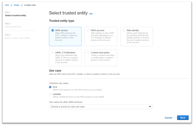 AWS サービスと EC2 が選択された信頼されたエンティティを選択する
