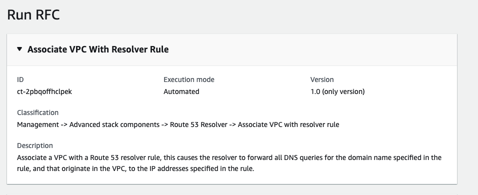 Associate VPC with resolver rule details, including ID, execution mode, and description.