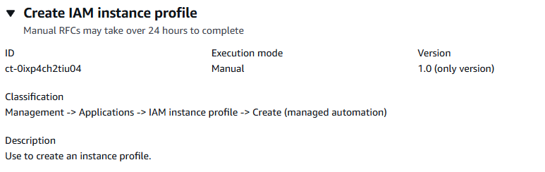 Form to create an IAM instance profile with ID, execution mode, version, and description.