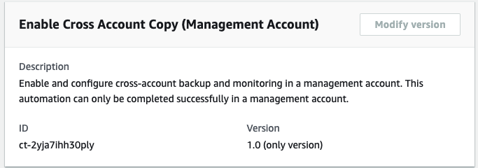 Enable Cross Account Copy configuration panel with description, ID, and version details.