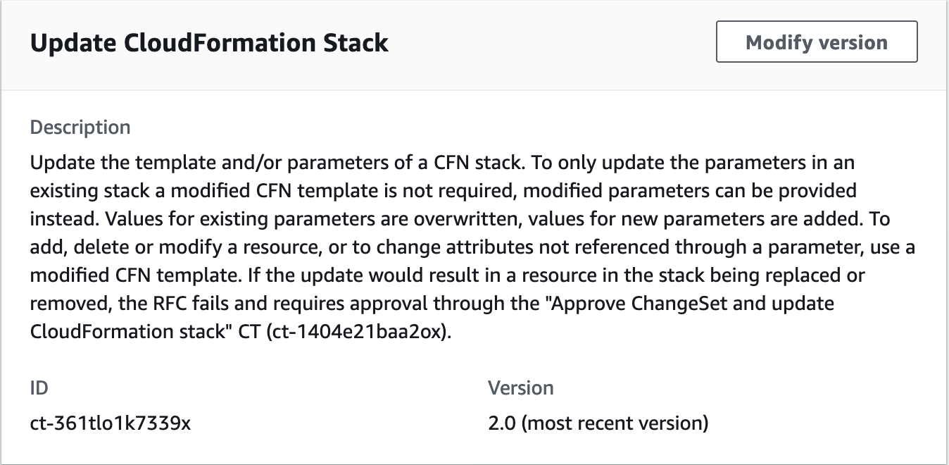 CloudFormation stack update interface showing description, ID, and version details.