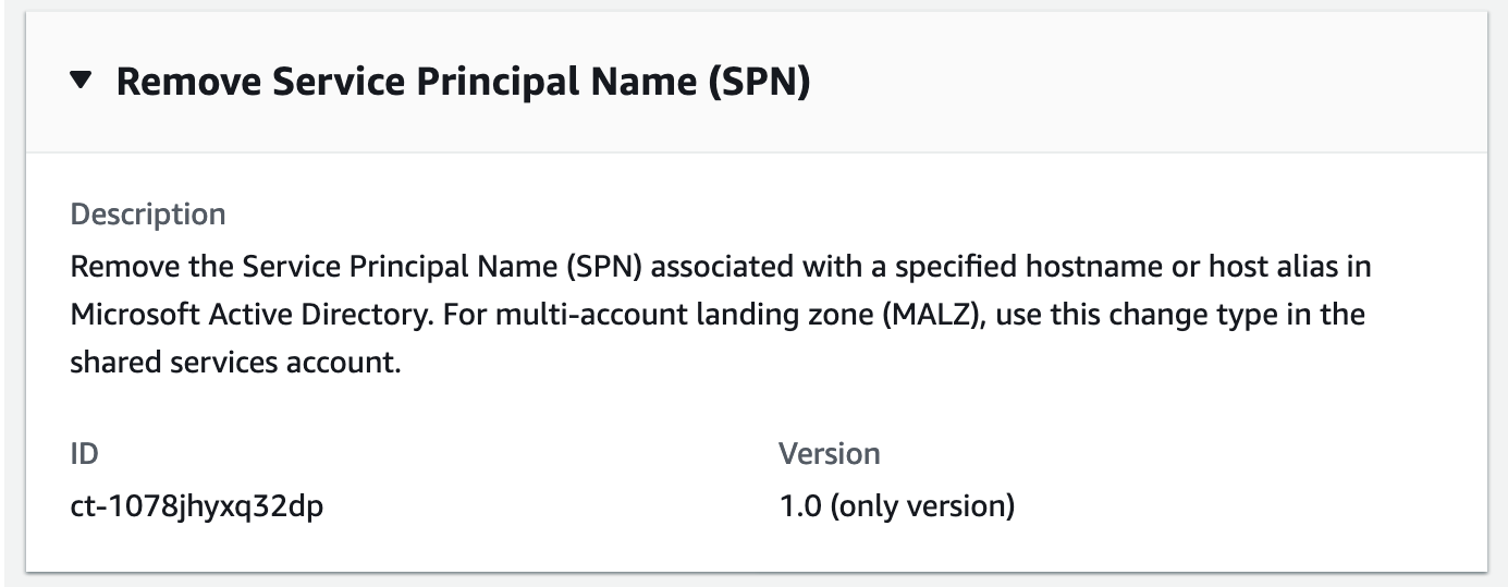 Remove Service Principal Name option with description, ID, and version details.