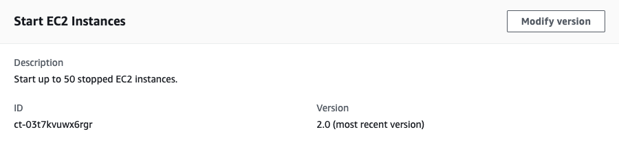 Interface showing "Start EC2 Instances" with description and version details.