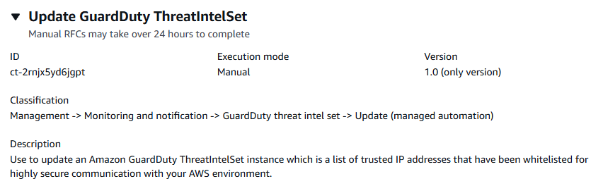 GuardDuty ThreatIntelSet update interface showing description, ID, and version details.