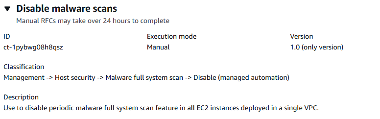 Configuration details for disabling malware scans in EC2 instances within a VPC.
