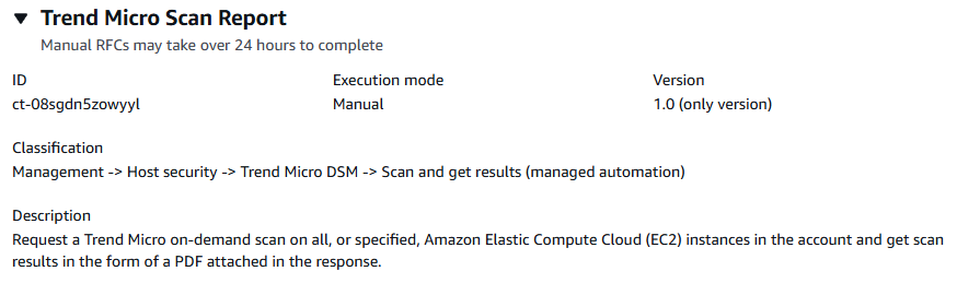 AMS Advanced コンソール、RFC セクションの作成、ct-08sgdn5zowyyl の変更タイプの詳細ボックス: Trend Micro スキャン (マネージドオートメーション）。