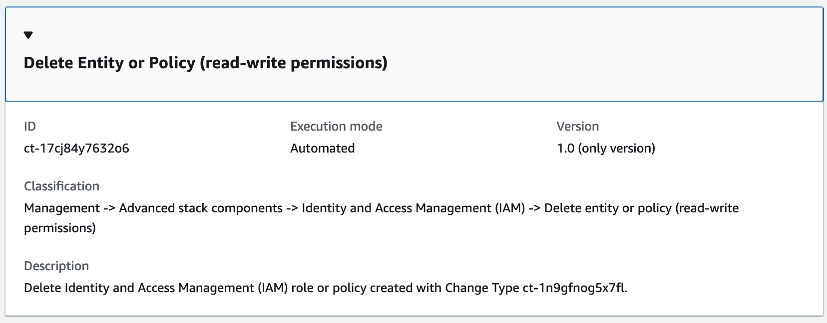Delete Entity or Policy interface showing ID, execution mode, classification, and description.