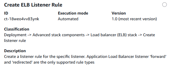 AMS Advanced コンソール、RFC セクションの作成、ct-18weo4v83ynk の変更タイプの詳細ボックス: ELB リスナールールの作成。