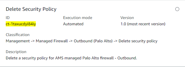 Delete Security Policy interface showing ID, execution mode, version, and description details.