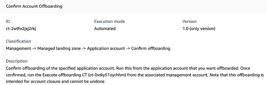Account offboarding confirmation details showing ID, execution mode, and classification.