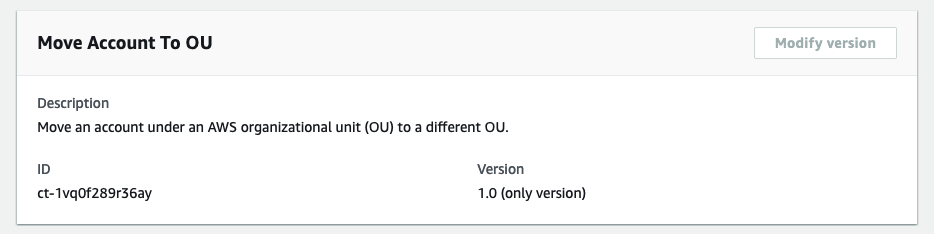 Form displaying details for moving an AWS アカウント to a different organizational unit (OU).