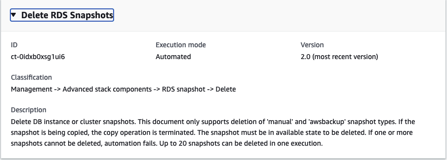 Delete RDS Snapshots change type details including ID, execution mode, and description.