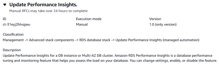 Update Performance Insights panel showing execution mode, version, and description for RDS database tuning.