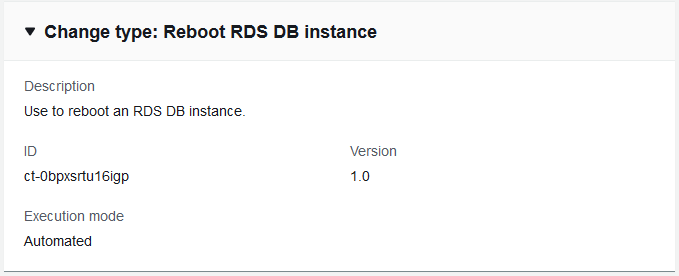 変更 type details for rebooting an RDS DB instance, including ID and version.