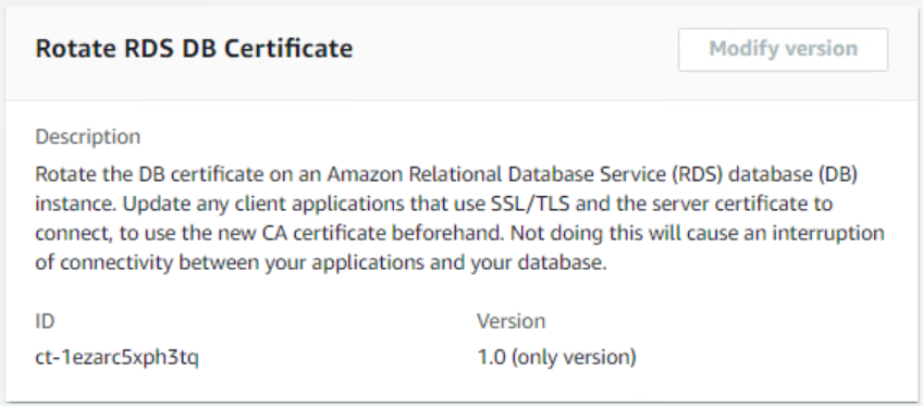 説明 and details for rotating an RDS DB certificate, including ID and version information.