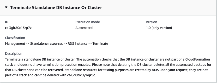 Terminate Standalone DB Instance Or クラスター interface with ID, execution mode, and classification details.