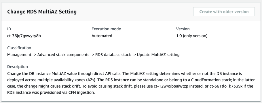 変更 RDS MultiAZ Setting interface showing ID, execution mode, version, and description.