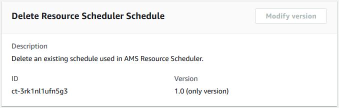 Delete Resource Scheduler Schedule interface showing description, ID, and version fields.