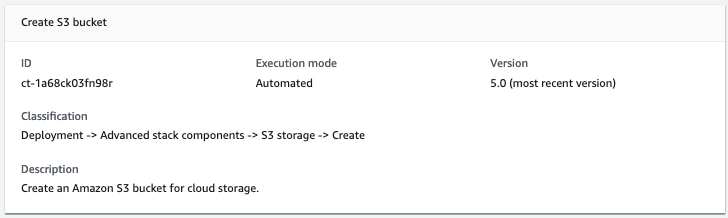 Console interface showing details for creating an Amazon S3 bucket, including ID and execution mode.