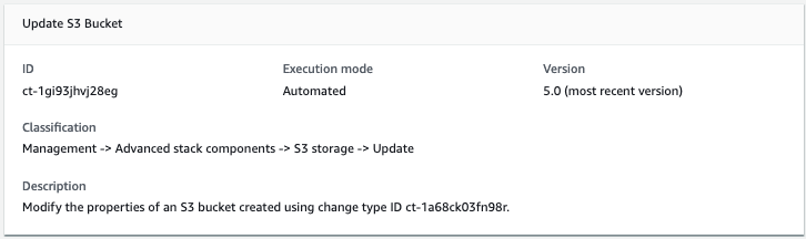 Update S3 Bucket change type details showing ID, execution mode, version, and description.