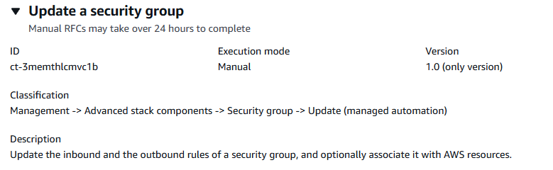 Security group update interface showing ID, execution mode, version, and description.