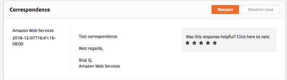 Correspondence section showing a test message from Amazon Web Services with rating stars.