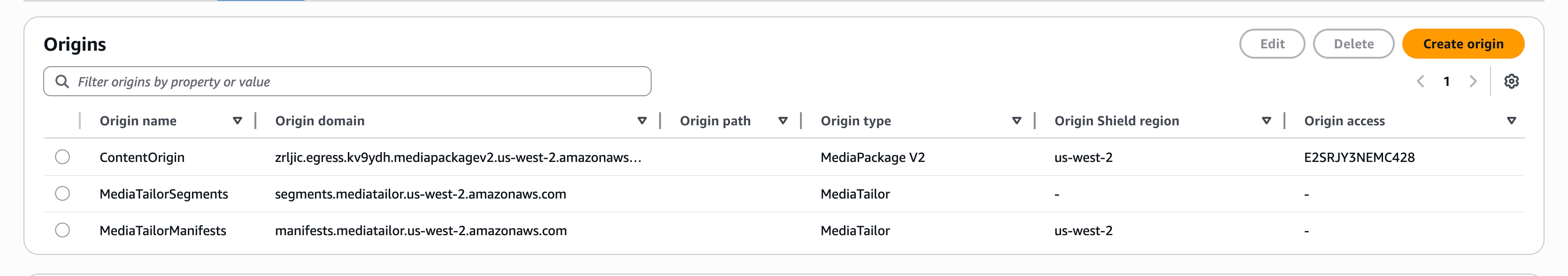 Origins table showing ContentOrigin, MediaTailorSegments, and MediaTailorManifests with their respective details.