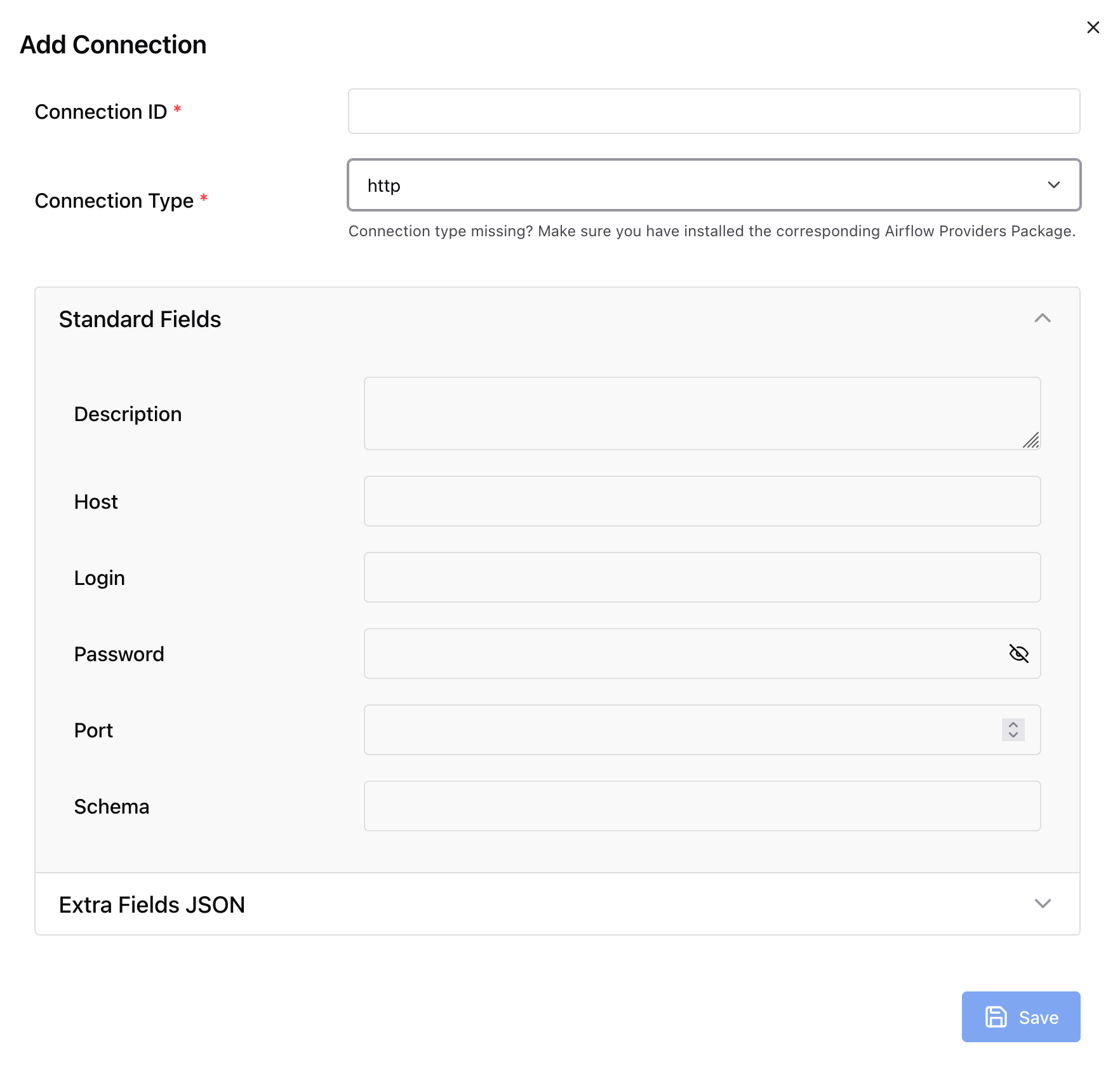 この画像は、Apache Airflow UI の HTTP 接続タイプを示しています。