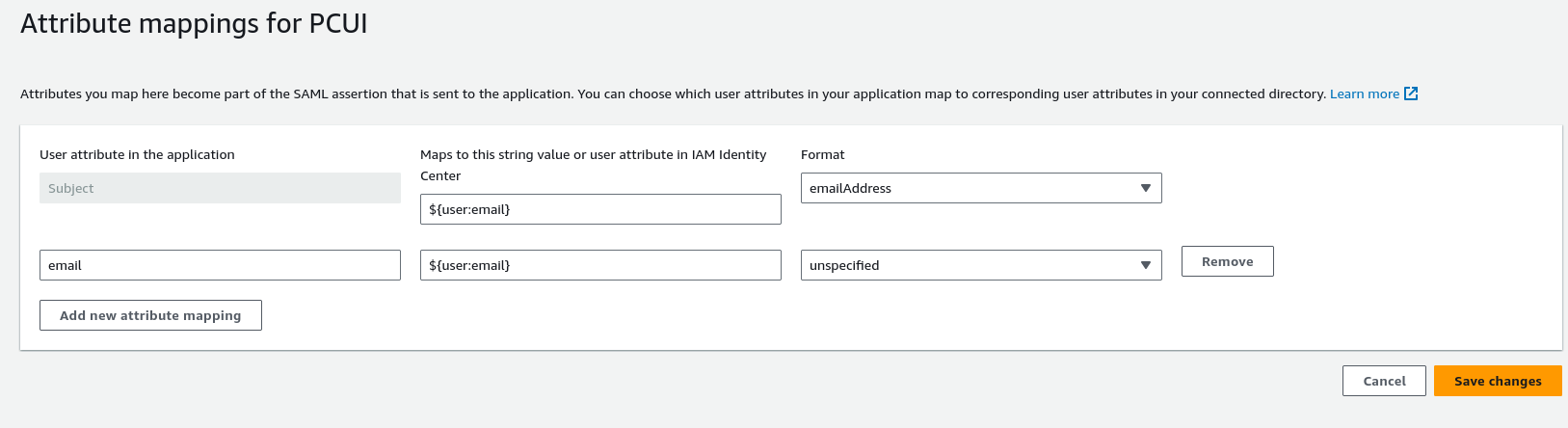 PCUI の属性マッピングセクションを強調表示するスクリーンショット