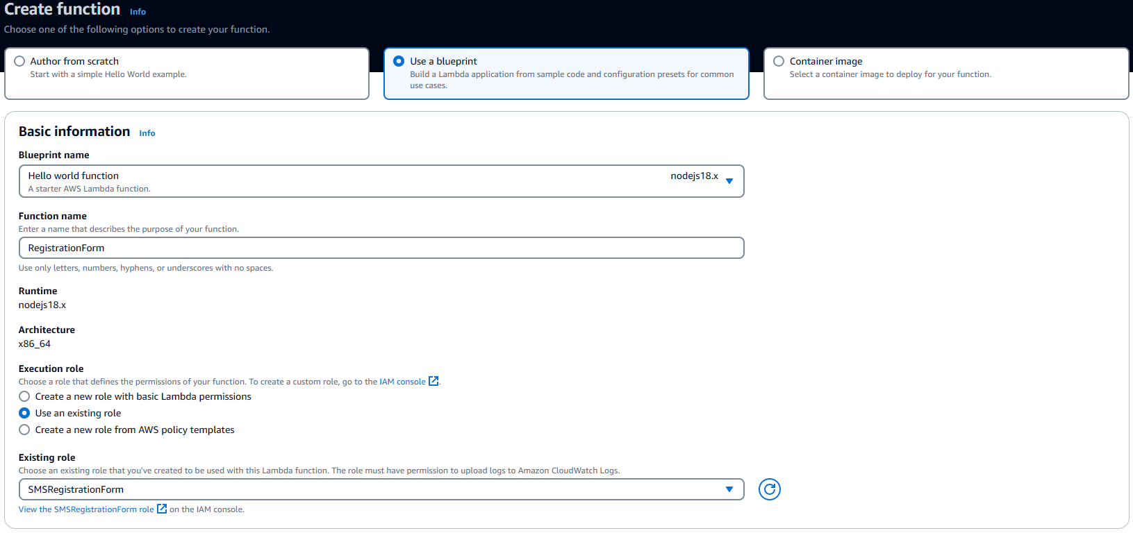 [設計図の使用] が選択されたことを示す [関数の作成] ページ。