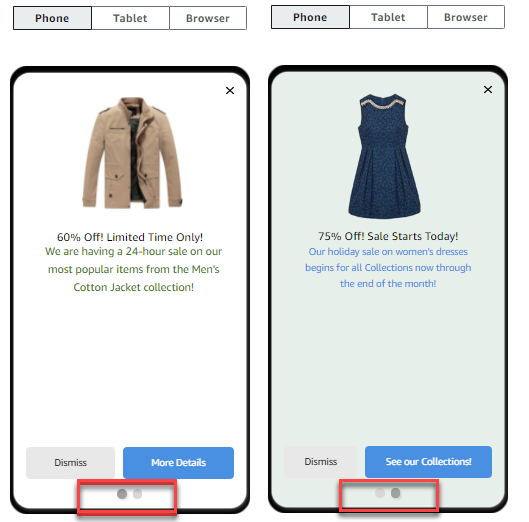購入する 2 つの衣料品を示すカルーセルの例。