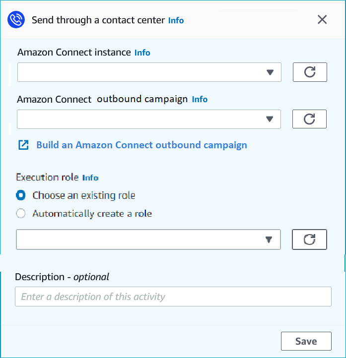 Amazon Connect アクティビティを設定するためのコンタクトセンターウィンドウを介した送信。