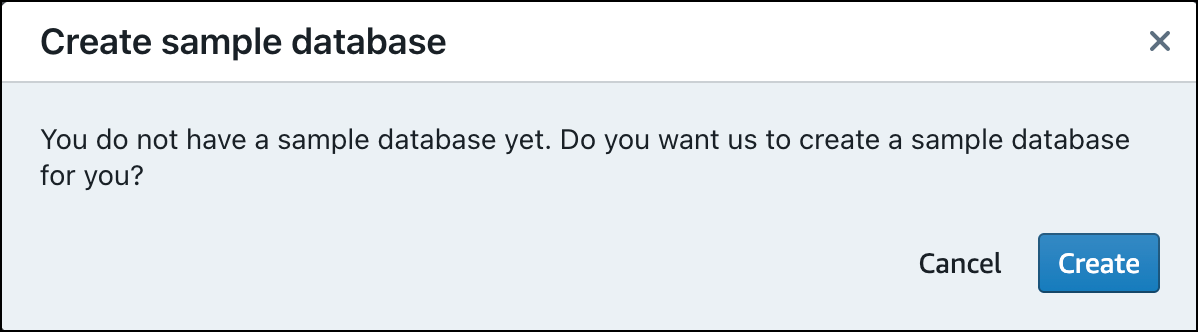 サンプルデータベースを作成するプロンプトを含むダイアログウィンドウ。