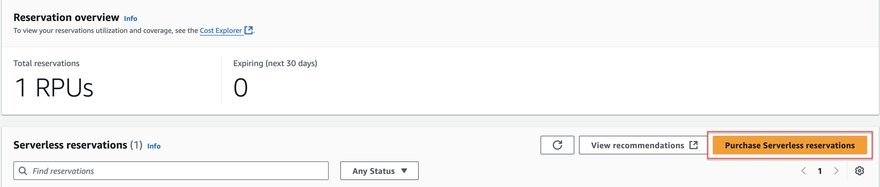 Reservation overview showing 1 RPU total, 0 expiring, with option to purchase Serverless reservations.