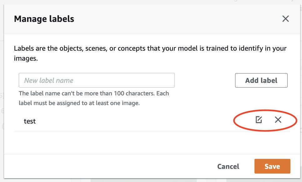 新しいラベルを追加するためのテキストフィールドと、「test」という名前の既存のラベルが表示された [ラベルを管理] ダイアログボックス。変更を保存するオプションとキャンセルするオプションがある。