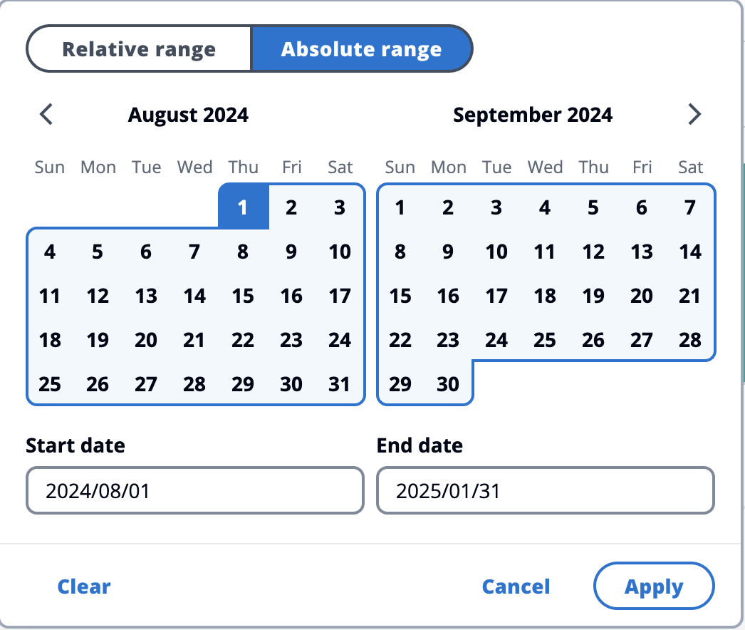 絶対時間範囲の選択を許可するポップアップの詳細