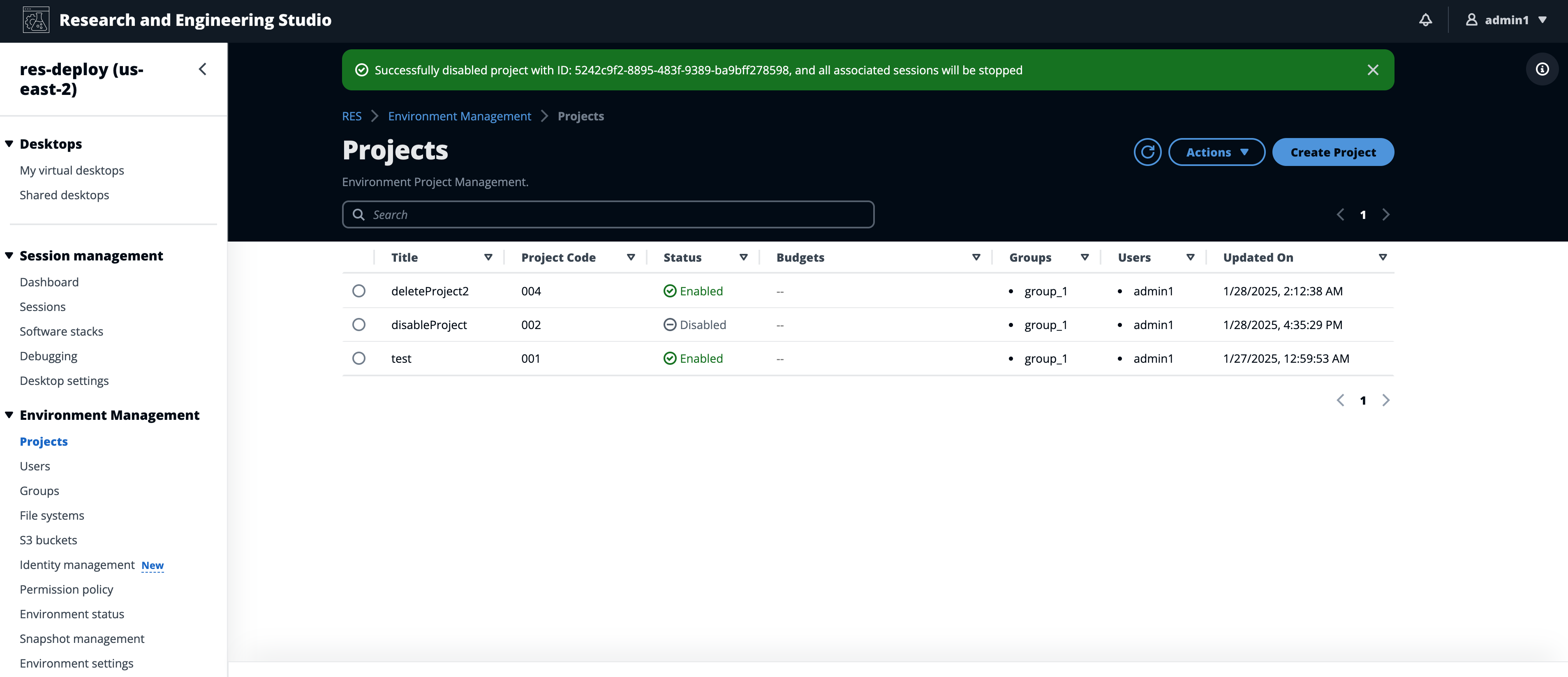 プロジェクトバナーの無効化が成功したことを示すプロジェクトページ